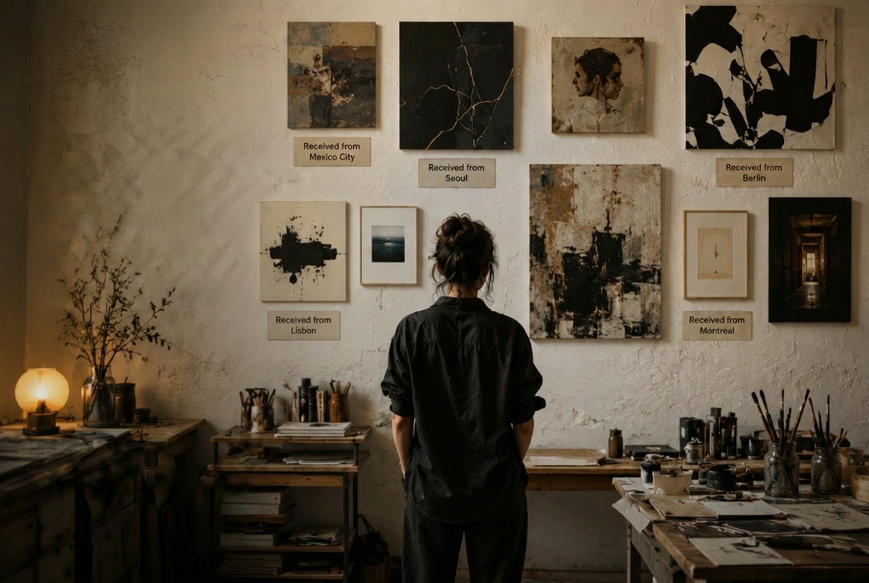 Une artiste dans son atelier face à un mur d'œuvres reçues de villes du monde entier — Imaginez votre atelier, rempli d'œuvres d'artistes que vous admirez. ART for ART, les artistes collectionnent les artistes.